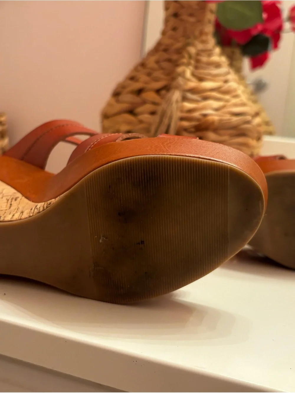 Material Girl Cognac Wedge Sandals with Cork Platform